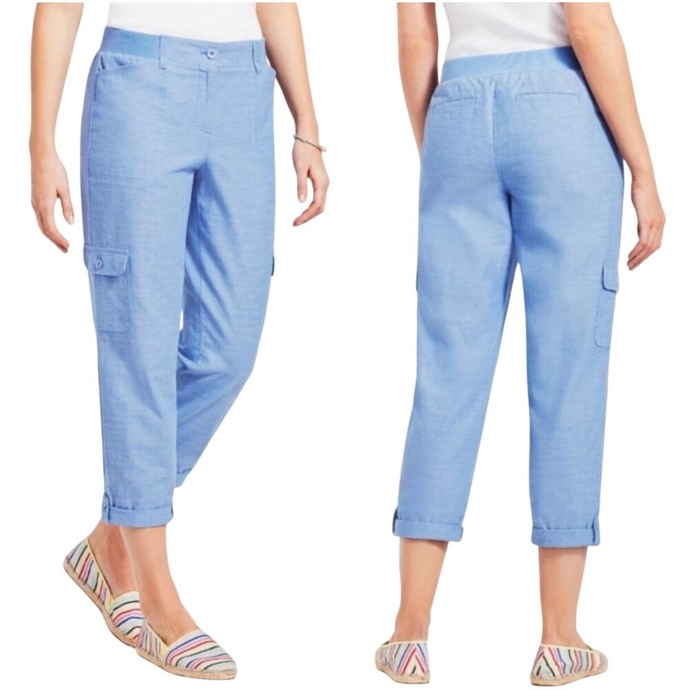 Talbots Light blue chambray cargo pants, cropped, elastic waistband, Size 10